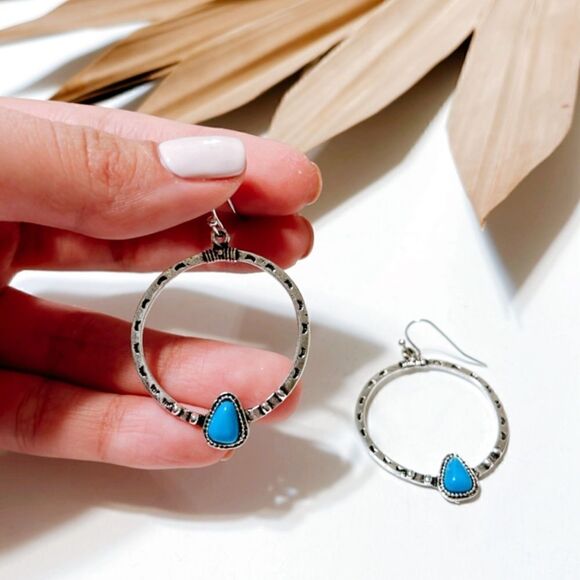 Blue stone hoop dangle earrings S306 - Picture 2 of 2